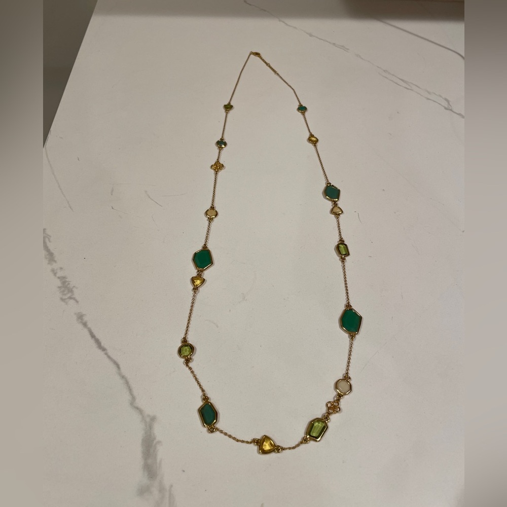 Stella and Dot long green and gold beaded necklace